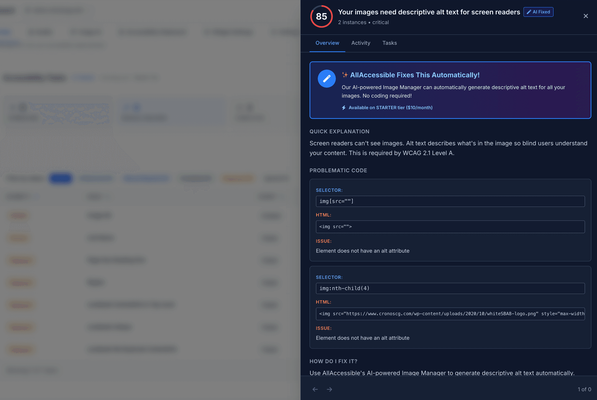 AI-powered issue remediation showing automatic alt text generation and fixes